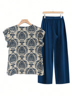 Printed Ruffled Cap Sleeve Top and Pants Set