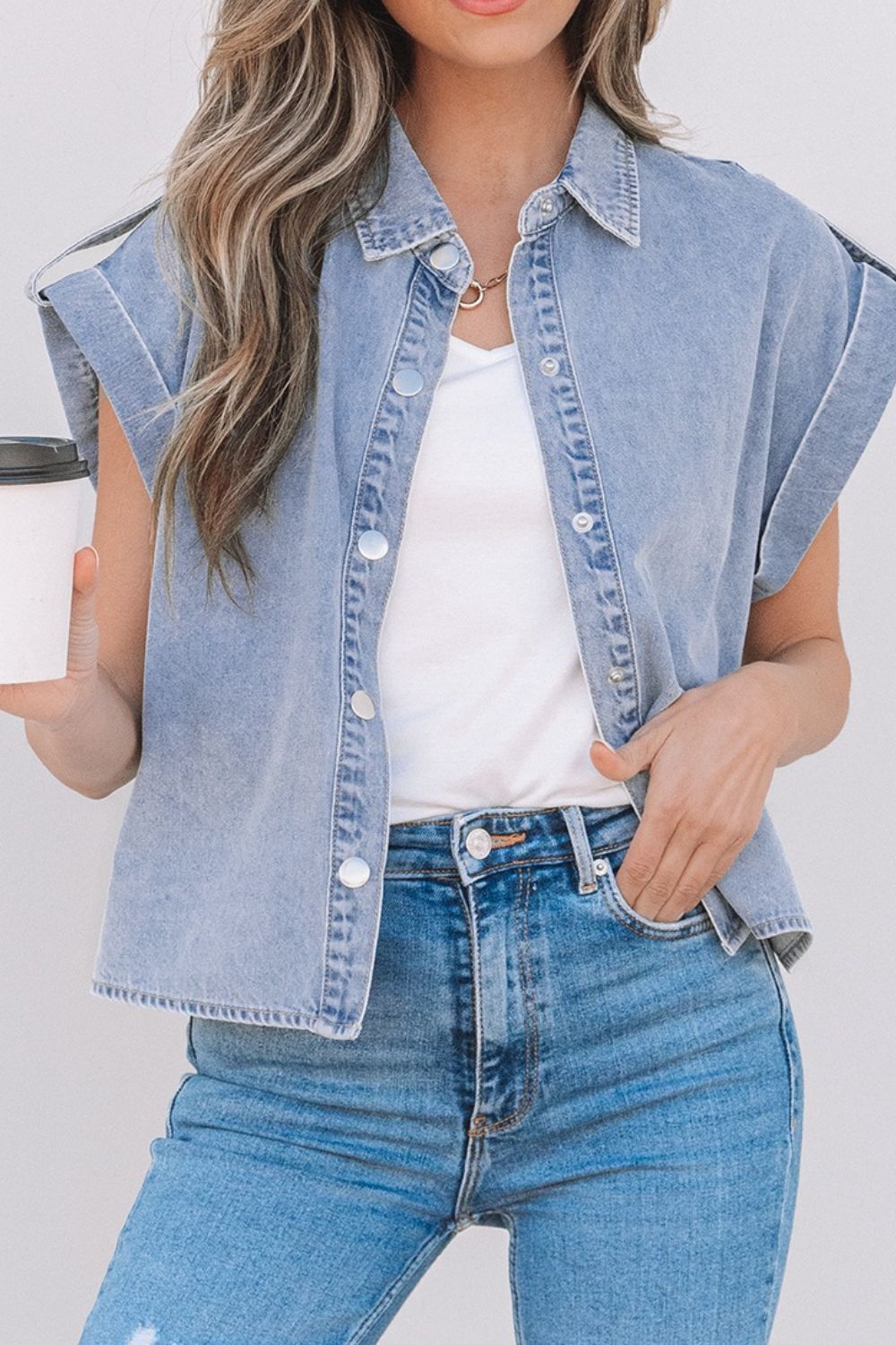 Snap Down Cap Sleeve Denim Top - felvior