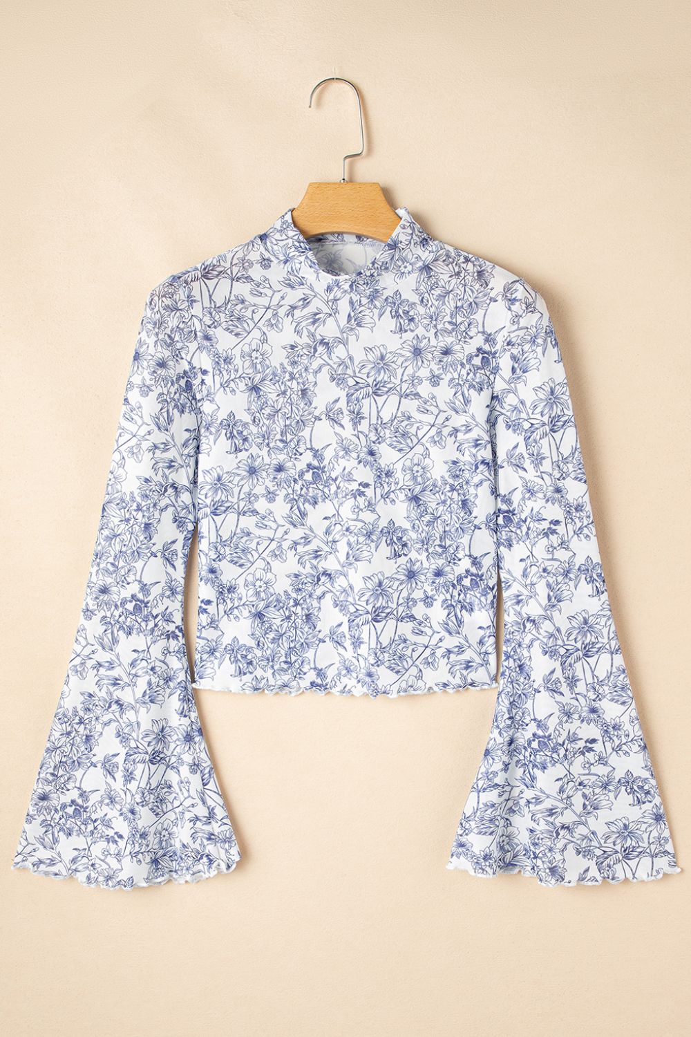 Printed Mock Neck Long Sleeve Blouse - felvior