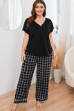 Plus Size V-Neck Top and Plaid Pants Lounge Set - felvior