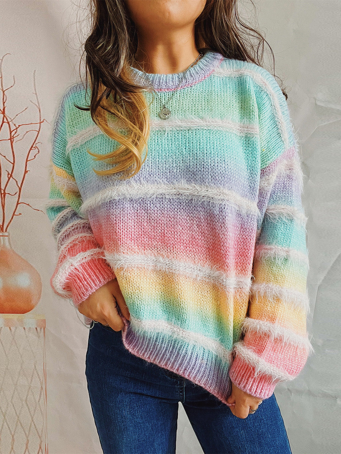 Striped Round Neck Long Sleeve Sweater Hauptbild