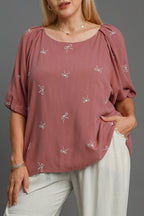 Umgee Full Size Linen Blend Ribbon Embroidered Top Plus Size