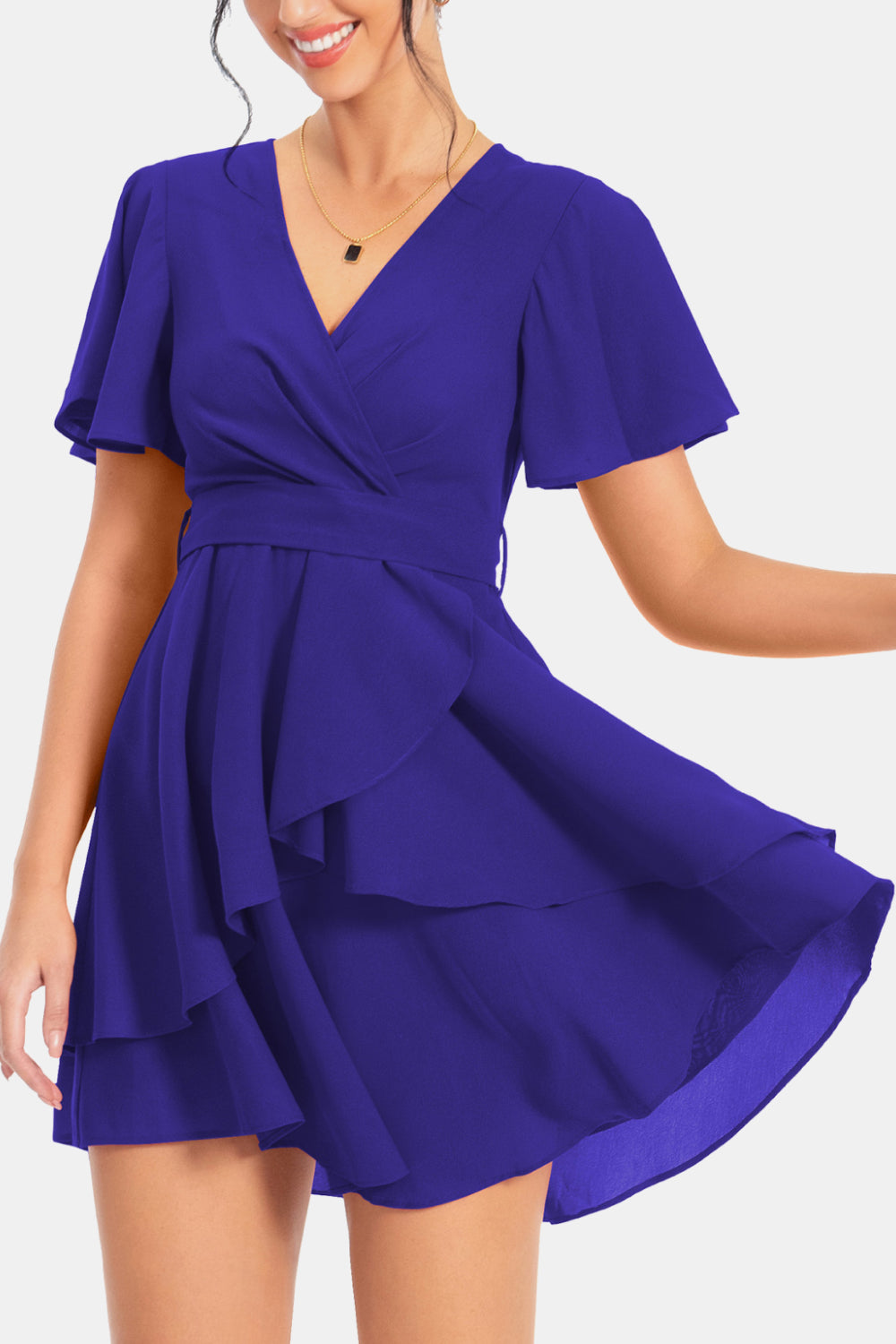 Surplice Neck Flutter Sleeve Dress - felvior