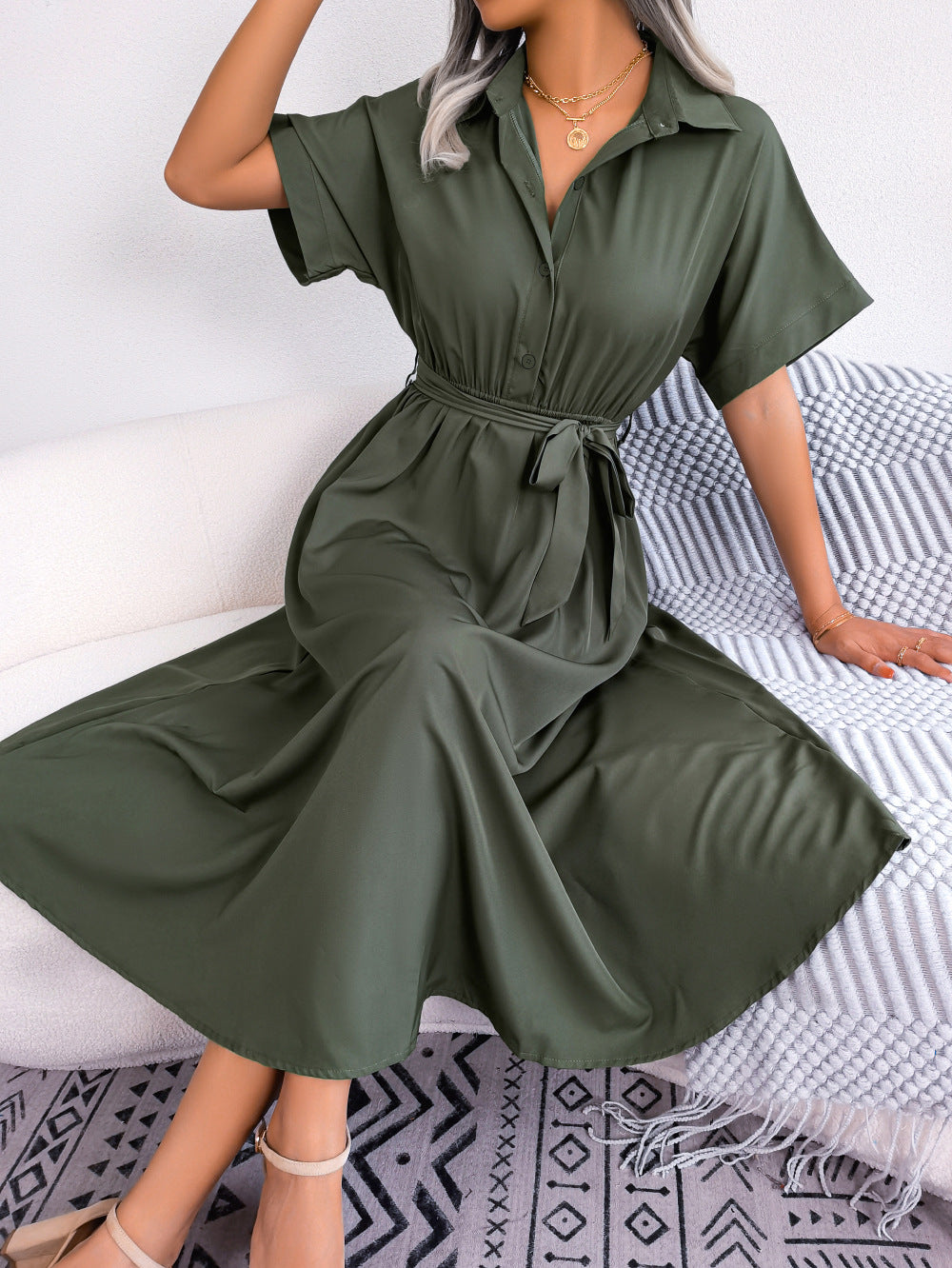 Short Sleeve Collared Tie Belt Dress - felvior