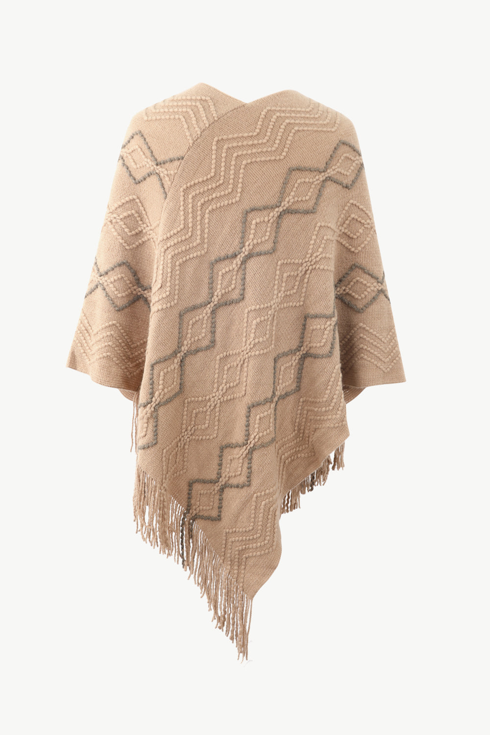 Pearl Trim V-Neck Fringe Hem Poncho - felvior