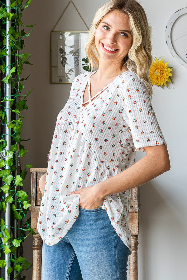 Heimish Full Size Crisscross Ditsy Floral Babydoll Top Plus Size - felvior