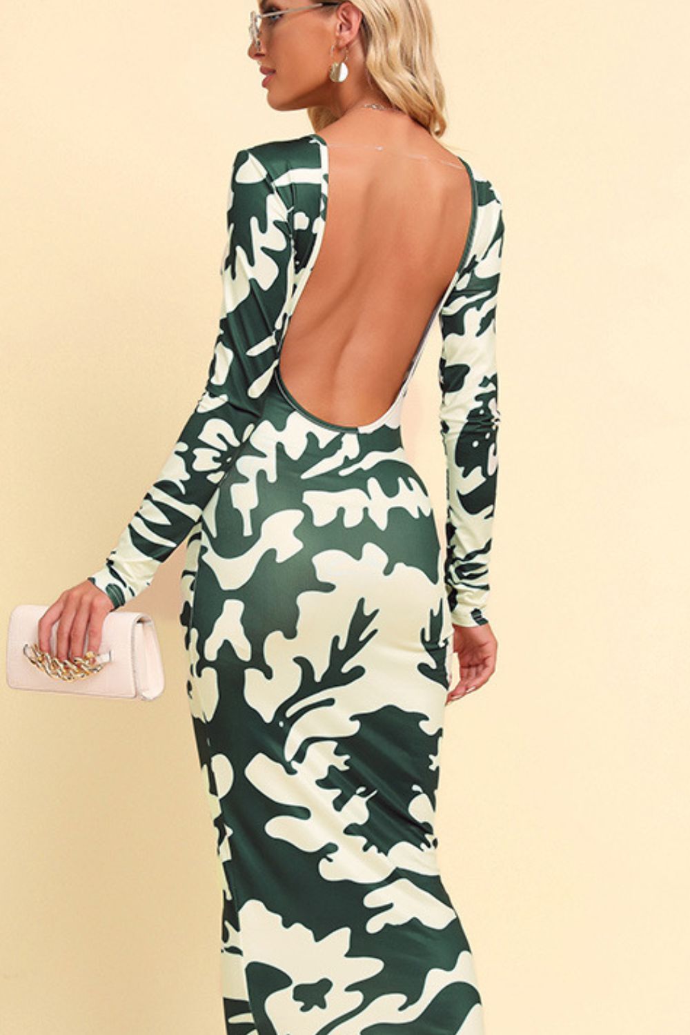 Printed Backless Long Sleeve Maxi Dress - felvior