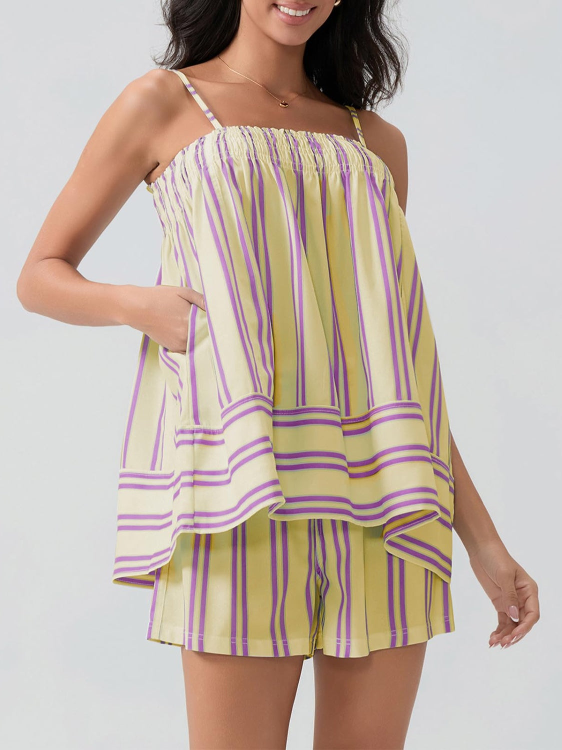 Smocked Square Neck Cami and Shorts Set - felvior