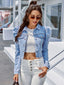 Button Down Raw Hem Cropped Denim Jacket