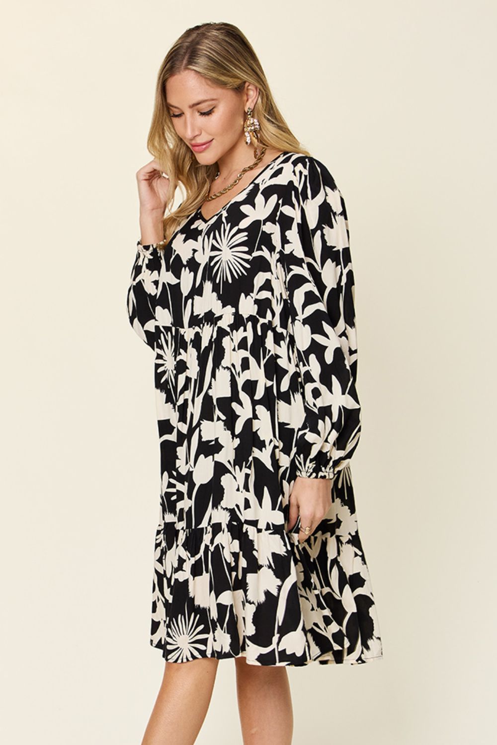 Double Take Full Size Printed Ruffle Hem Dress with Pocket - felvior