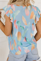 Splotches Pattern Ruffled Cap Sleeve Blouse