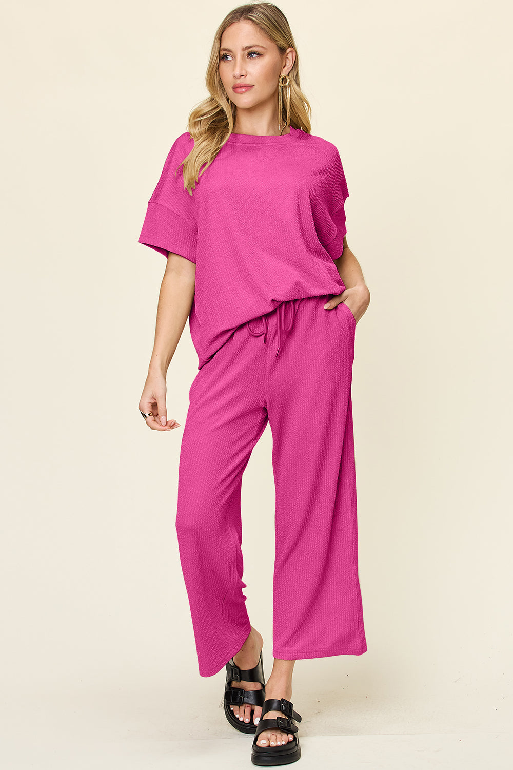 Double Take Full Size Texture Round Neck Short Sleeve T-Shirt and Wide Leg Pants - felvior