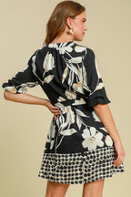 Umgee Full Size Floral Print Notched Tie Waist Mini Dress Plus Size