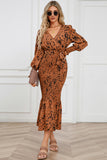 Printed V-Neck Smocked Midi Dress - felvior
