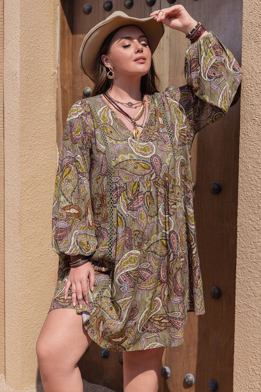 Plus Size Printed V-Neck Long Sleeve Midi Dress - felvior