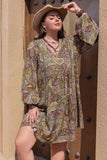 Plus Size Printed V-Neck Long Sleeve Midi Dress - felvior