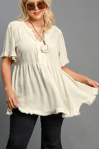 Umgee Full Size Raw Hem Notched Babydoll Linen Blouse Plus Size