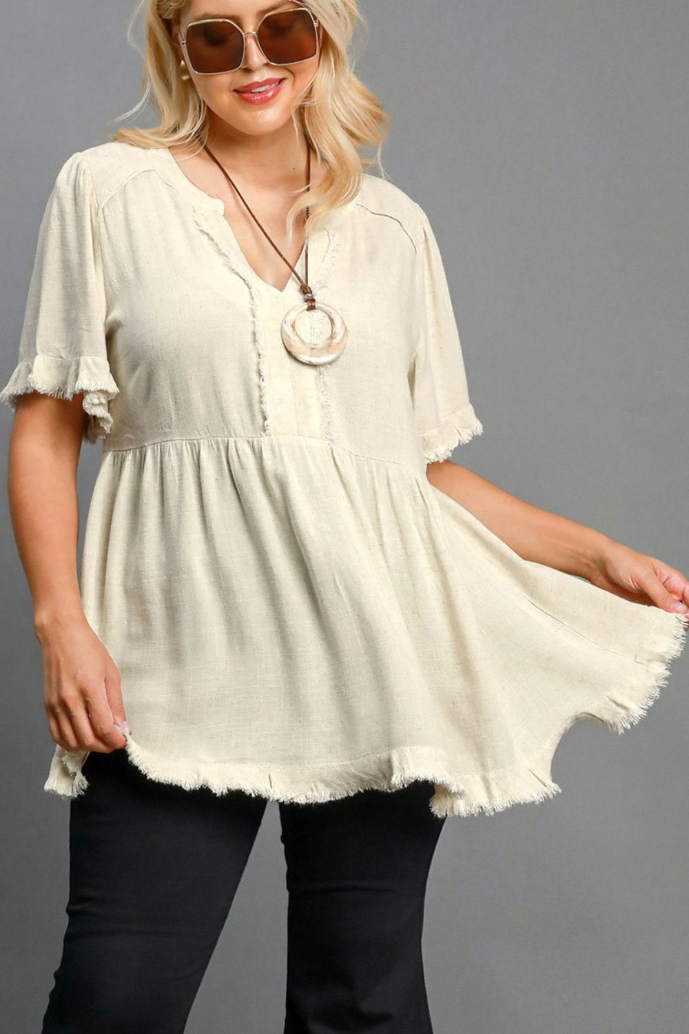 Umgee Full Size Raw Hem Notched Babydoll Linen Blouse Plus Size