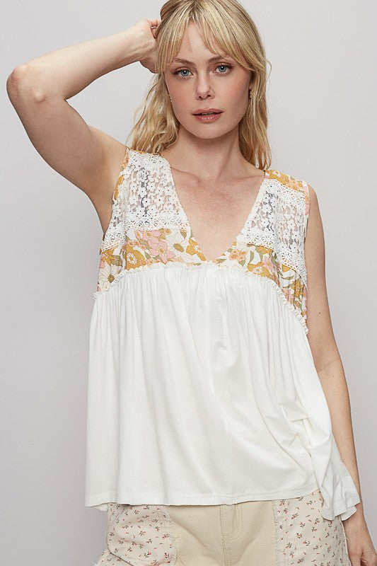 POL Lace Detail Frill Floral V-Neck Sleeveless Top - felvior