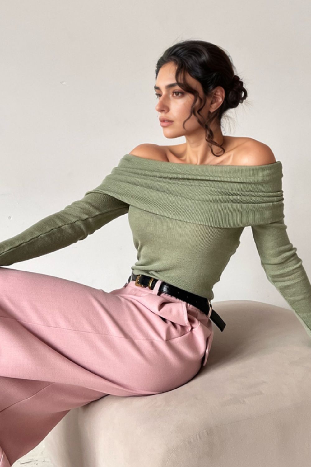 Off-Shoulder Long Sleeve Knit Top - felvior