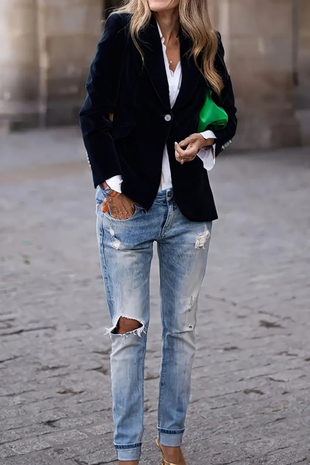 One Button Lapel Collar Long Sleeve Blazer - felvior