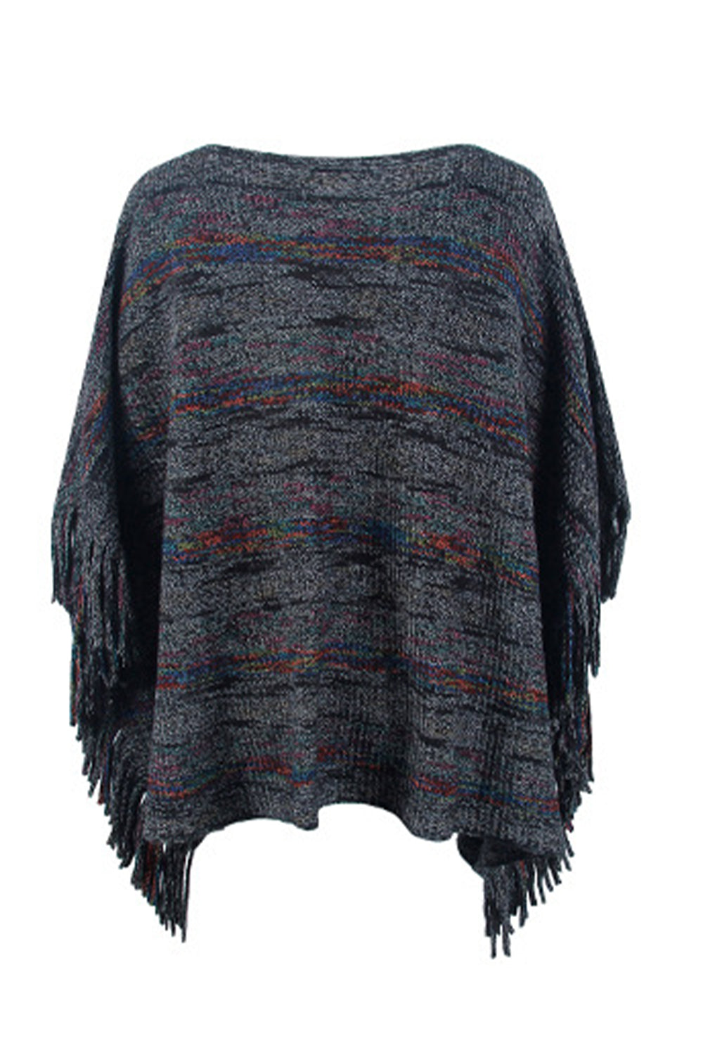 Round Neck Fringe Detail Sleeve Poncho - felvior