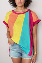 Frill Color Block Crew Neck Loose Fit T Shirt