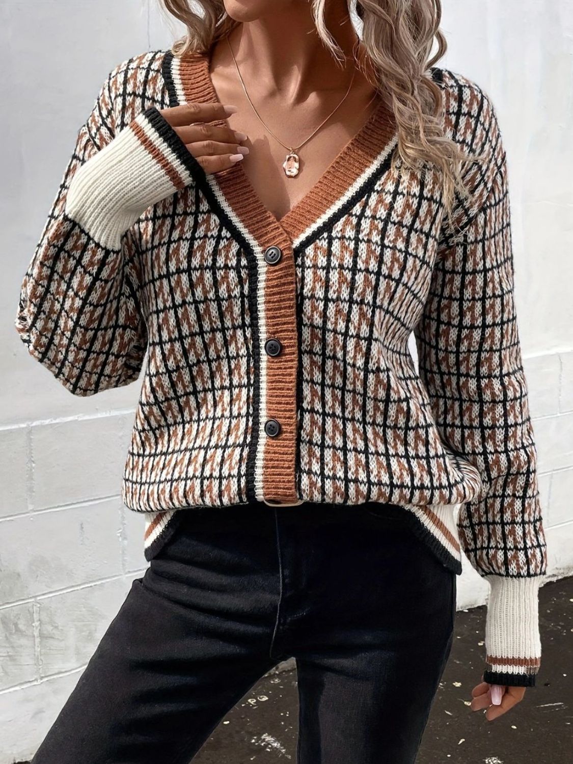 Plaid V-Neck Button Up Cardigan Hauptbild