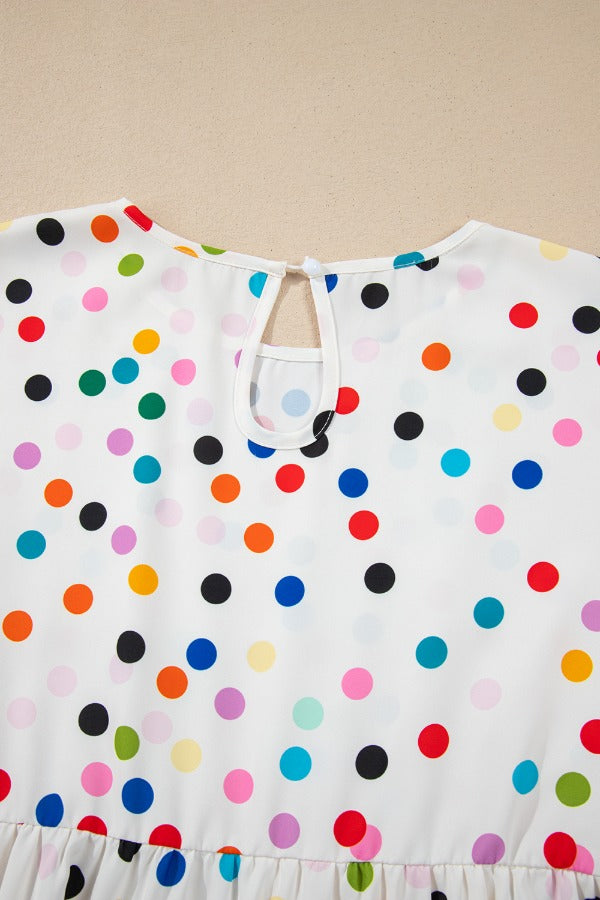 Polka Dot Short Sleeve Tiered Ruffled Babydoll Blouse