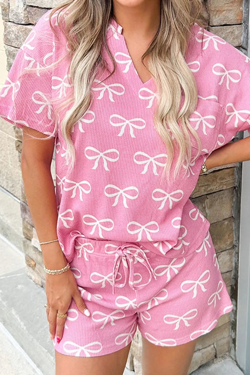 Bowknot Printed Notched T-Shirt and Shorts Set