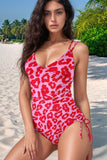 Leopard Cutout Ribbed Side Drawstring One-Piece Swimsuit - felvior