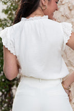 Ruffled Tie Neck Cap Sleeve Blouse