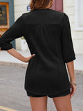 Textured Notched Top and Drawstring Shorts Set - felvior
