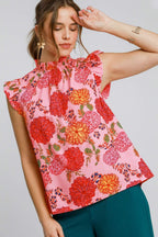Umgee Full Size Floral Print Ruffled Cap Sleeve Blouse Plus Size
