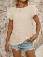 Eyelet Round Neck Double Layered Ruffled Short Sleeve Top