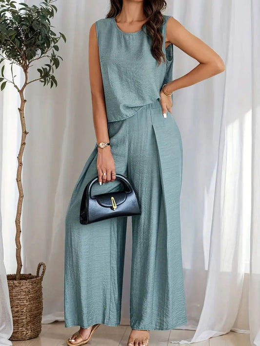 Round Neck Sleeveless Top and Wide Leg Pants Set - felvior