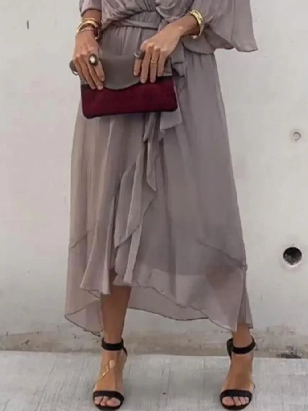 Full Size Flowy Tie Front Midi Dress with Flutter Sleeves Plus Size