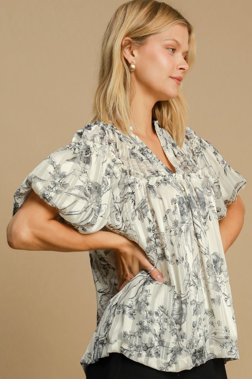 Umgee Full Size Floral Print Metallic Ruffle Blouse Plus Size