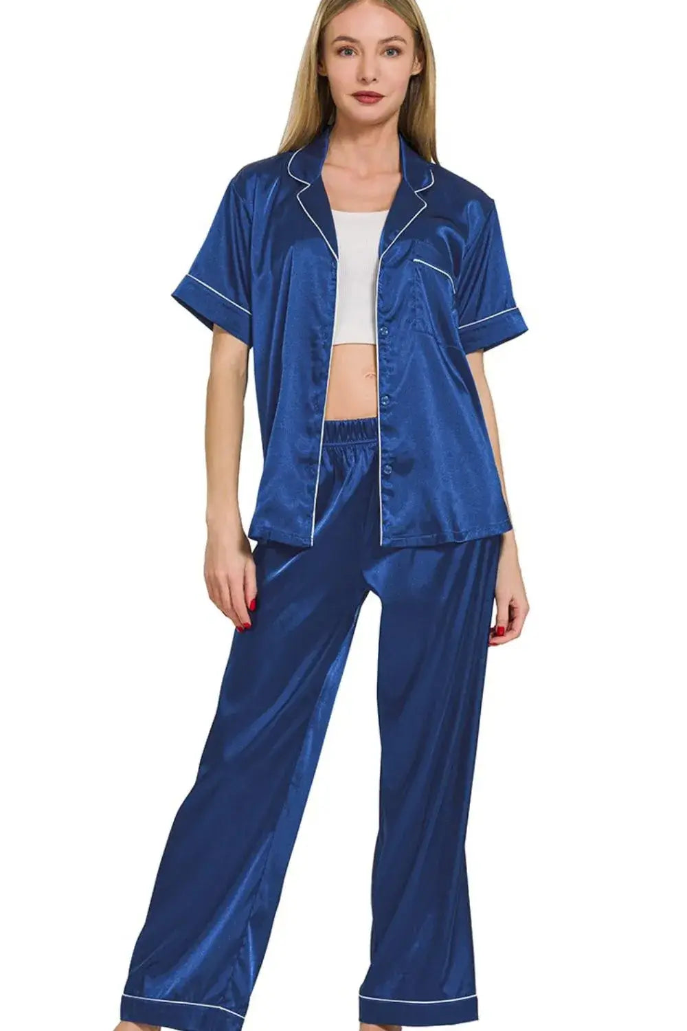 Zenana Satin Short Sleeve Top and Pants Pajama Set Hauptbild
