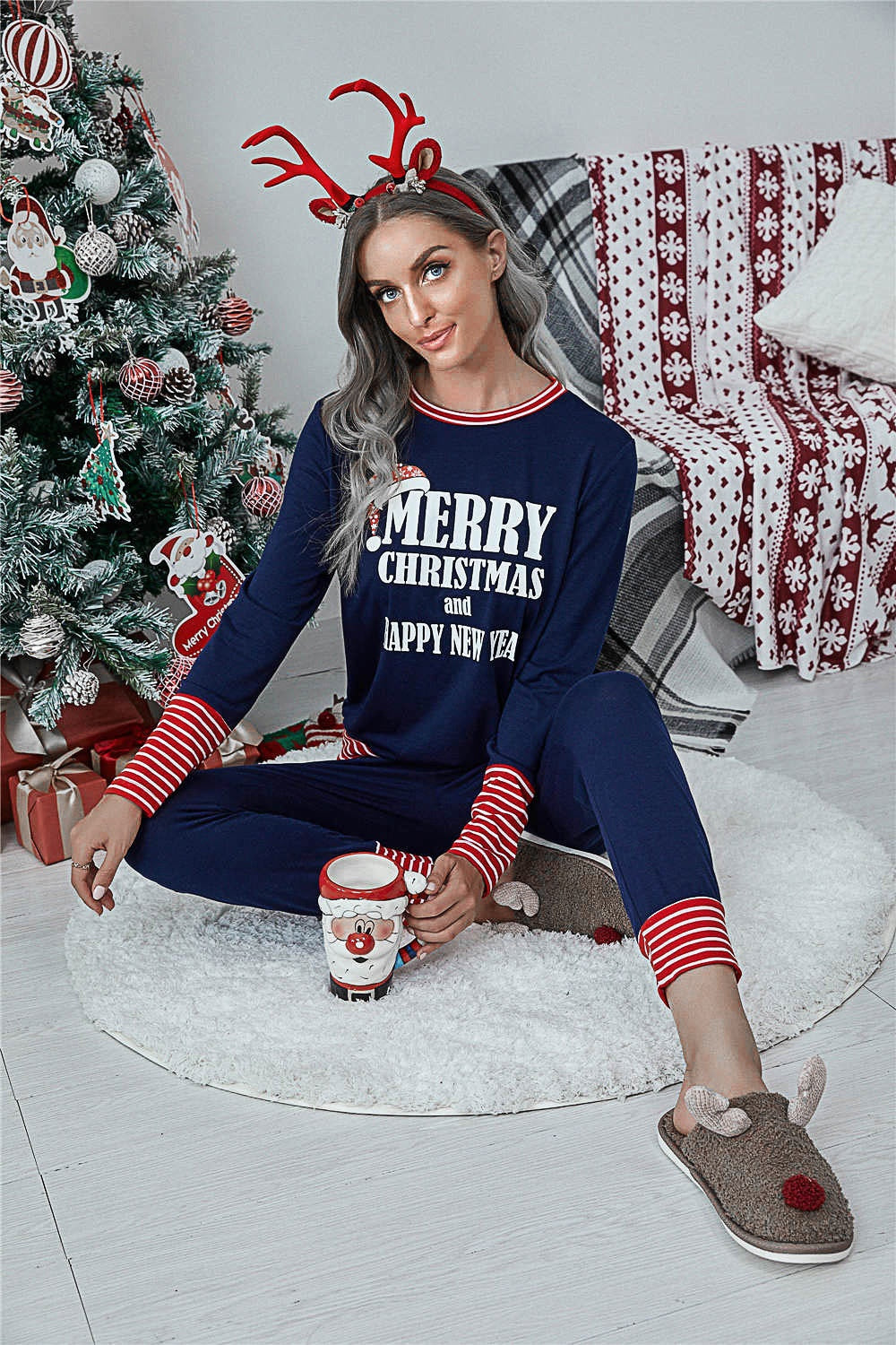 Striped Trim Letter Graphic Round Neck Top and Pants Set - felvior