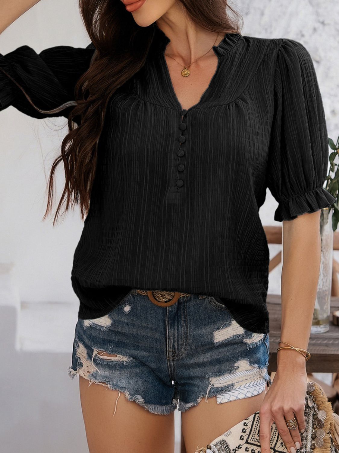 Devine Frill Notched Short Sleeve Blouse - felvior