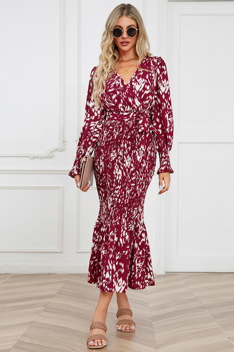 Printed V-Neck Smocked Midi Dress - felvior