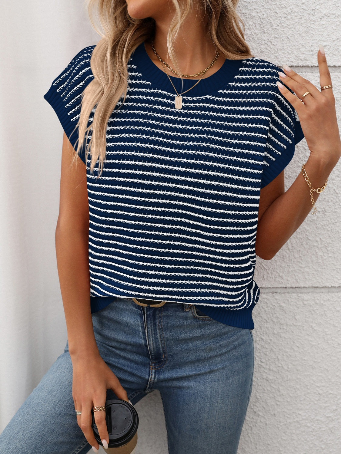 Striped Round Neck Short Sleeve Knit Top - felvior