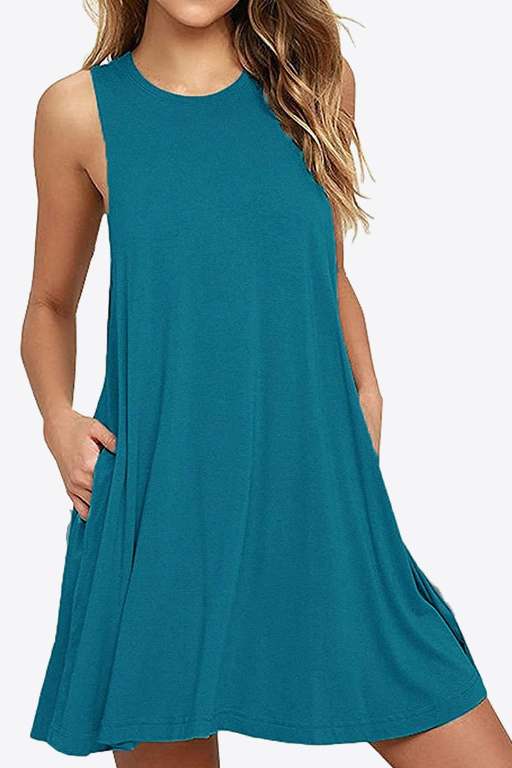 Full Size Round Neck Sleeveless Dress with Pockets - felvior