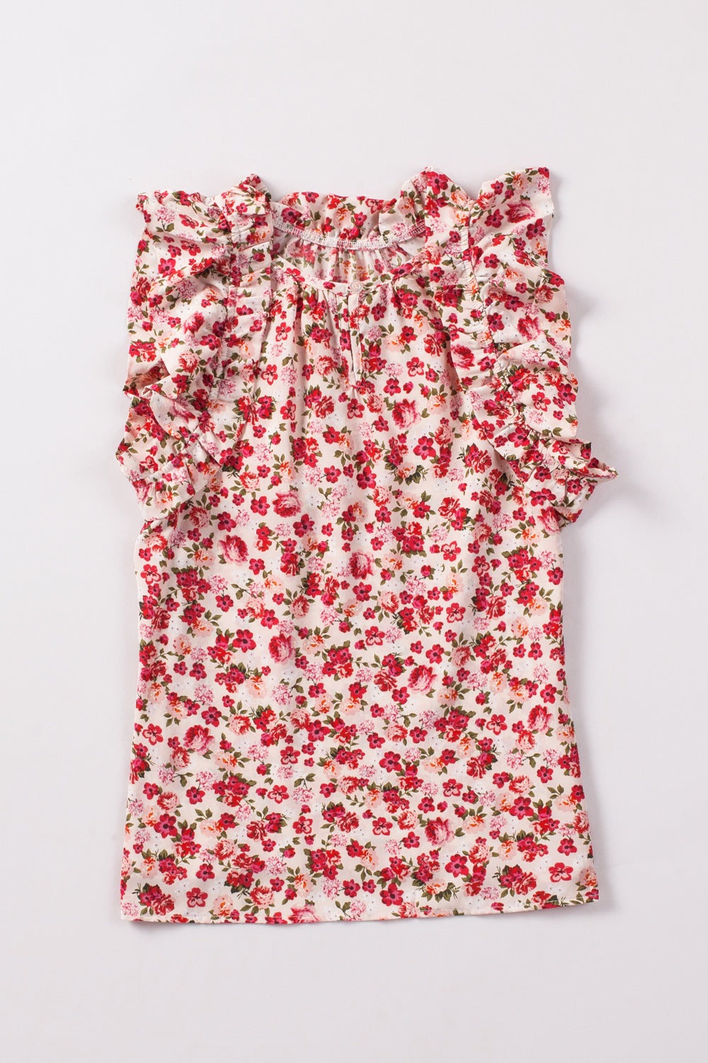 Ruffled Floral Round Neck Cap Sleeve Blouse - felvior