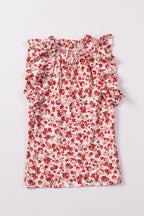 Ruffled Floral Round Neck Cap Sleeve Blouse