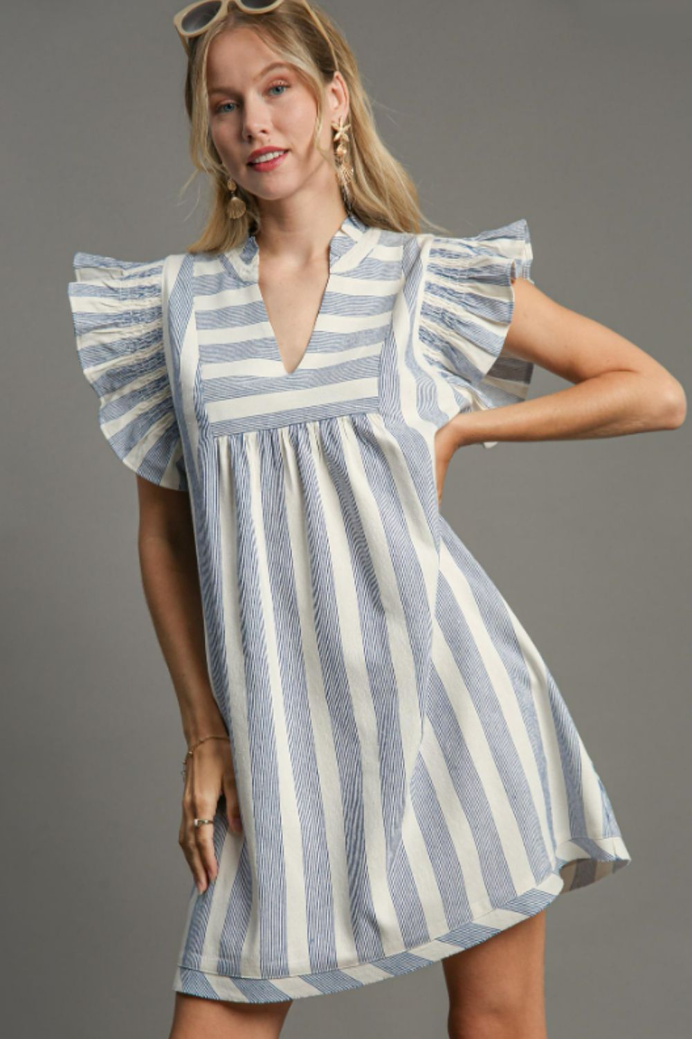 Umgee Full Size Striped Notched Ruffled Cap Sleeve Mini Dress Plus Size