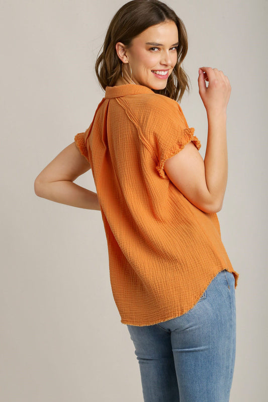 Umgee Full Size Frayed Hem Collared Neck Short Sleeve Shirt Plus Size - felvior
