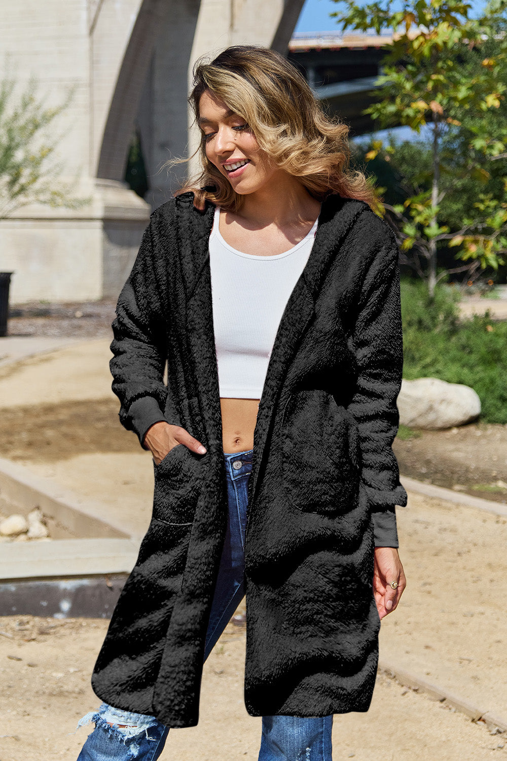 Double Take Full Size Hooded Teddy Bear Jacket with Thumbholes - felvior