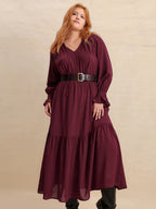 Plus Size Swiss Dot Tie Neck Flounce Sleeve Maxi Dress